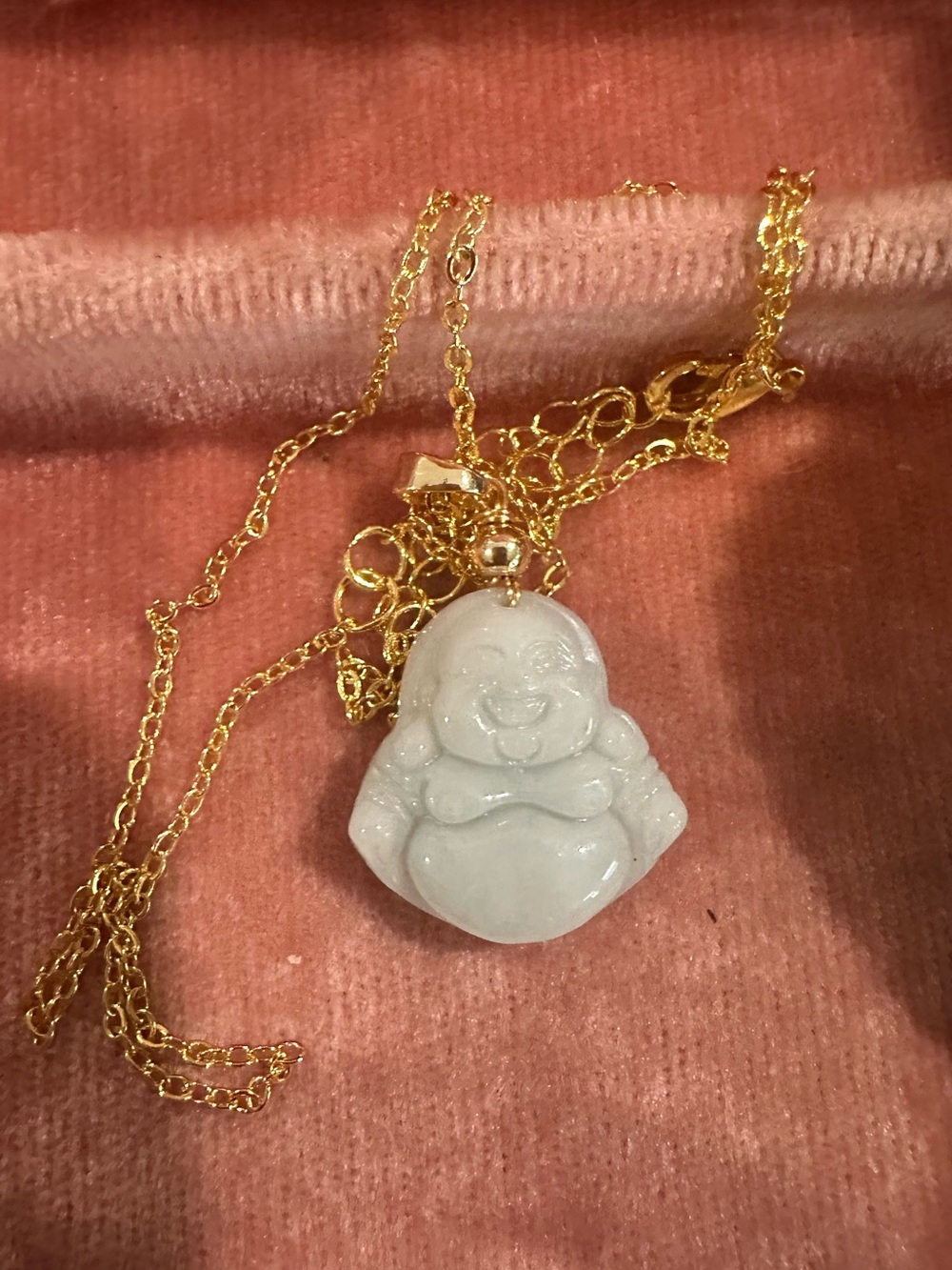 Pale Burmese Jade Happy Buddha Pendant on Gold-Tone Chain